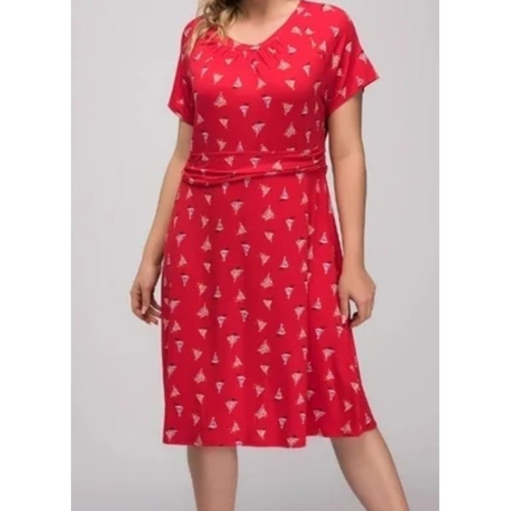 Red Coastal Sailboat Midi Dress 1X 18-20 Nautical Summer Resort Vacay Soft #597